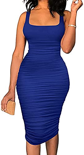 Mookyun Women's Sexy Bodycon Tank Top Dress Sleeveless Backless Basic Ruched Stretchy Party Club Midi Dresses - Medium - Royal Blue