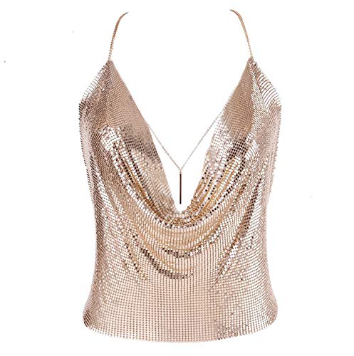 Luxexy Gold Sexy Tops for Women Sparkly Deep V Neck Crop Tank Tops Cami Body Chain Top - Gold - Smooth Alloy