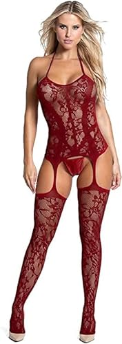 RSLOVE Women Fishnet Bodystocking Attached Stockings Sexy Lingerie Crotchless Bodysuit One Piece Babydoll One Size - One Size - Wine Red