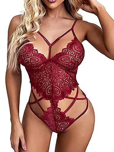Juesstera Women's Erotic Lingerie Sexy Strappy Bralette and Panties 2 Pieces Lace Bra and Panty Set Deep V Underwear - Medium - Red-2231