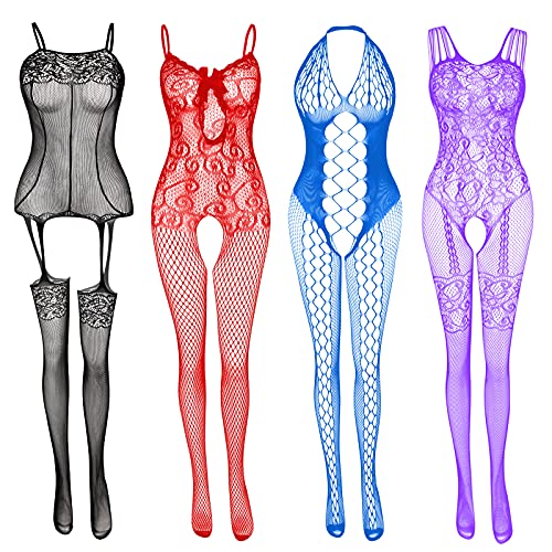 Fishnet Lingerie for Women Fishnet Bodysuit Lace Bodysuits Sexy Babydoll Nightwear - 4 pcs: Red+black+blue+purple