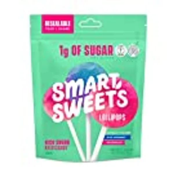 SmartSweets Lollipops, Blue Raspberry & Watermelon, Hard Candy with Low Sugar (1g) & Calorie (60), No Artificial Sweeteners, Vegan, Gluten-Free, Non-GMO, Healthy Snack for Kids & Adults, 3oz