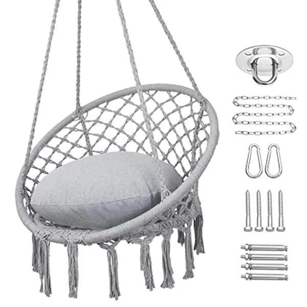 Y- STOP Hammock Chair Macrame Swing Chair, Max 330 Lbs, Hanging Chair Cotton Rope Hammock Chair Swing for Indoor and Outdoor Use, Light Grey