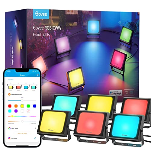 Govee RGBIC Flood Lights Outdoor, Smart WiFi Flood Light with App Control, Color Changing 500lm 2200-6500K Led Stage Lights with Garden Yards, Holiday Lights, Wired(6 Pack) - 6 pack