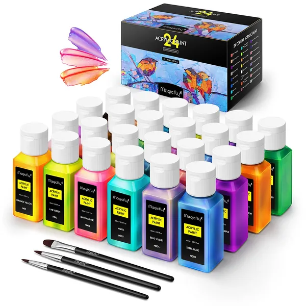 Magicfly Iridescent Acrylic Paint 24 Colors, Colors Change Acrylic Paint in Bottles(2oz/60ml), High Viscosity Acrylic for Shimmer Effect with 3 Brushes, Non-Fading & Non-Toxic for Artist, Beginner, Kids on Canvas, Wood, Glass, Stone, Craft