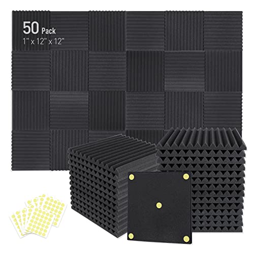Focusound 50 Pack Acoustic Foam Panels 1" x 12" x 12" Sound Proof Foam Panles Soundproofing Noise Cancelling Wedge Panels for Home Office Recoding Studio with 270PCS Double-Side Adhesive - 50 Pack