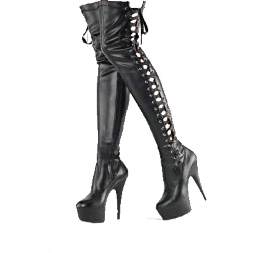 Pleaser Delight-3050 Black Stretch Boots Gothic Heel Vegan Pole Fetish Platform