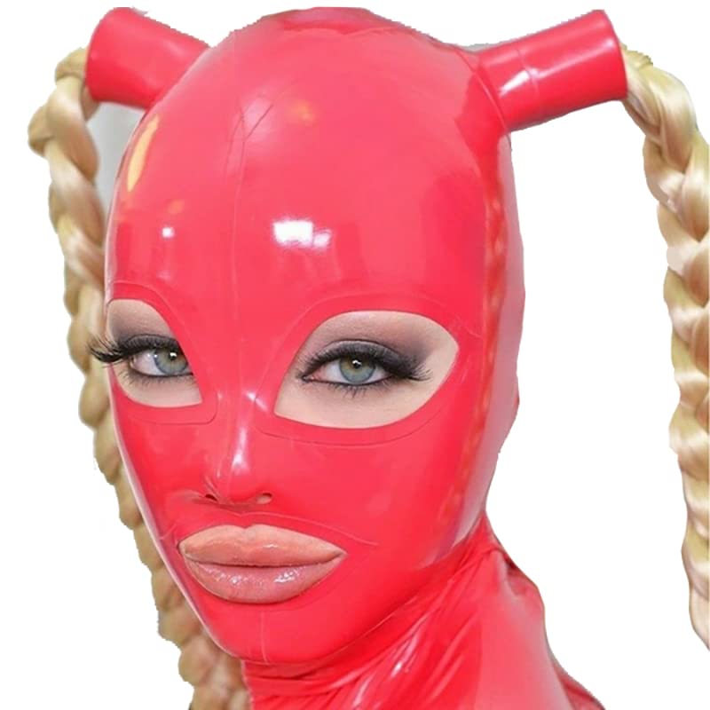 MONNIK Pink Latex Hood Unisex Mask with Double Blond Ponytail Wigs and Rear Zipper Handmade for Fetish Catsuit Cosplay Halloween Party Club Wear LZY286 (with Wigs,S)