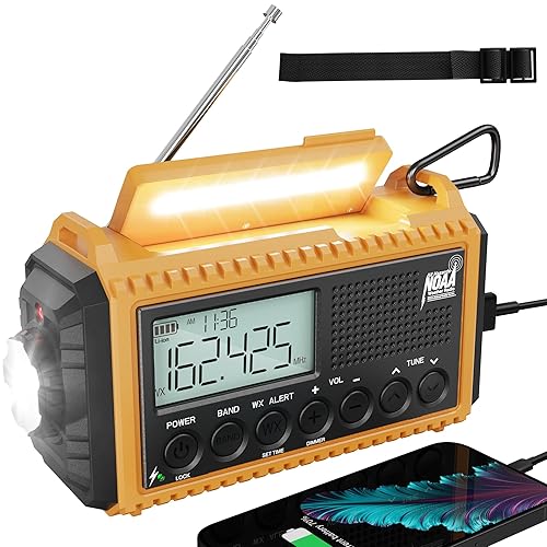 Emergency Radio,18500mWh Solar Hand Crank Weather Radio Battery Portable AM/FM/Shortwave/NOAA Radio with Cell Phone Charger,Flashlight,Reading Lamp,Time Display, Headphone Jack,SOS Alert for Survival - Yellow