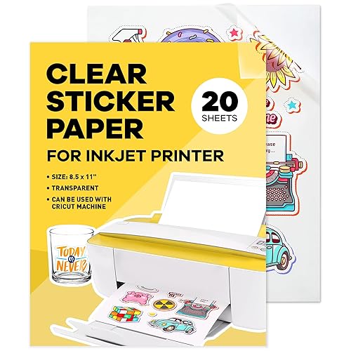 90% Clear Sticker Paper for Inkjet Printer (20 Sheets) - Transparent Glossy 8.5 x 11 - Printable Vinyl - Clear Sticker Paper - Clear Vinyl Sticker Paper - Clear Sticker Printer Paper - Clear Inkjet