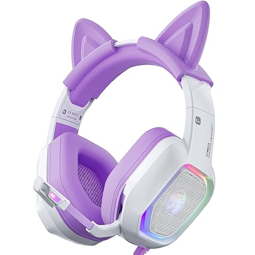 ZIUMIER Purple Gaming Headset with Microphone, Compatible with PS4 PS5 Xbox One PC Laptop, Over-Ear Headphones with Detachable Cat Ears, Noise Canceling Mic, Stereo Surround Sound and RGB Light - Purple