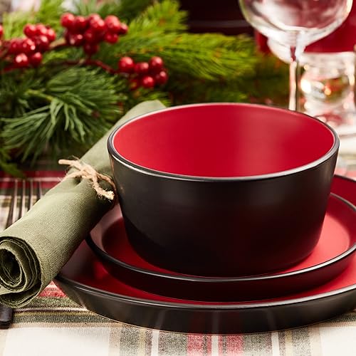 Stone Lain Albie Stoneware 32-Piece Modern Dinnerware Set, Kitchen Plates and Bowls Sets, Dish Set for 8, Red and Black - 32 Piece - Service for 8 - Red and Black