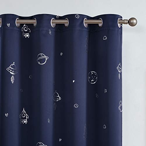 Vangao Navy Blue Blackout Curtains Space Theme Curtains for Boys Kids Nursery Girls Room Silver Foil Print Grommet Top Window Drapes 63 Inch Length 2 Panels for Bedroom Living Room - W52 x L63 - Silver I Navy