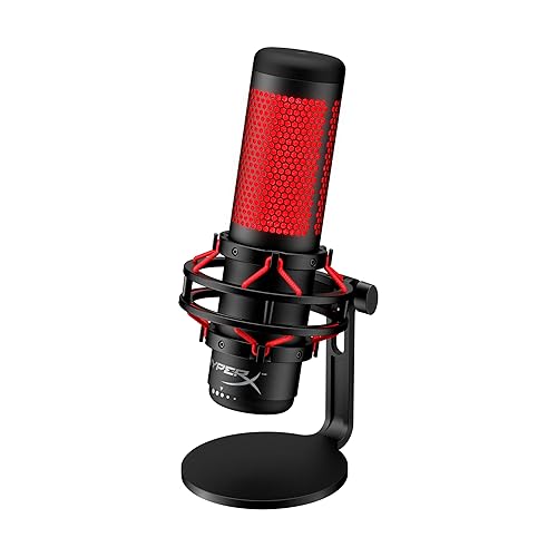 HyperX QuadCast - USB Condenser Gaming Microphone, for PC, PS4, PS5 and Mac, Anti-Vibration Shock Mount, Four Polar Patterns, Pop Filter, Gain Control, Podcasts, Twitch, YouTube, Discord, Red LED - QuadCast