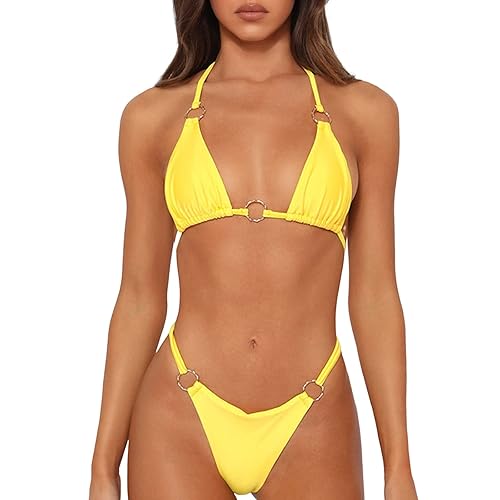 MIKETAI Sexy Bikinis for Women 2 Piece Bikini Spaghetti Strap Swimsuits Solid Color Bathing Swimwear Triangle Bathing Suit - Yellow - Small