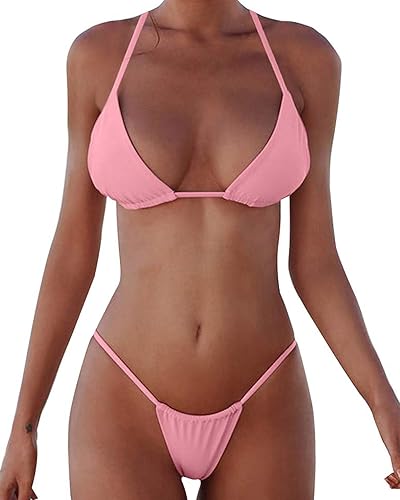 XUNYU Women Bikini Set Bandage Solid Brazilian Swimsuit Two Pieces Padded Thong Bathing Suits Sexy String Swimwear - Small - Bikini Set Pink