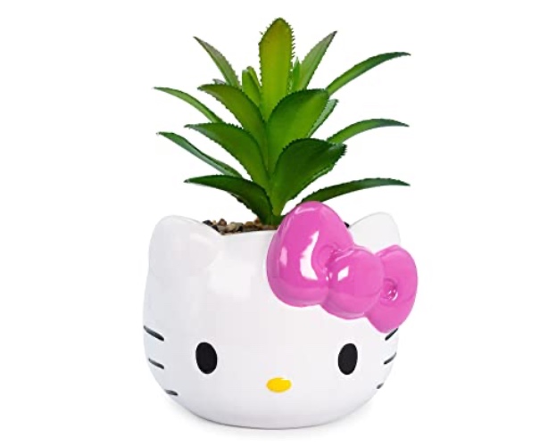 Sanrio Hello Kitty Face 3-Inch Ceramic Mini Planter With Artificial Succulent | Small Flower Pot, Faux Indoor Plants For Desk Shelf, Home Decor Trinket Tray | Cute Kawaii Gifts and Collectibles