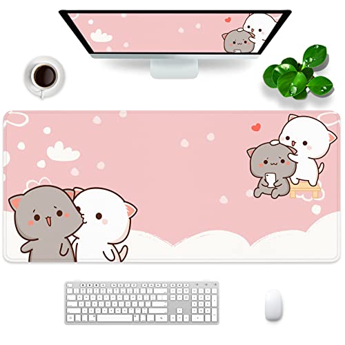 Pink Gaming Mouse Pad Cute Large Mouse Pad 35x15.7x0.12 inch Extra Large Rubber Mouse Pad Cat Theme Pink and White Mouse Pad (Pink -6) - Pink -6