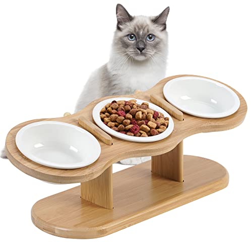 GHIAKQYT Futterstation Katzen Erhöht mit 3 Keramik Näpfe - Fressnapf Futterbar mit Holz Ständer, Ergonomischer Katzennapf Erhöht 3er Set - Trockenfutter,Nassfutter,Wasser Napf für Katzen,kleine Hunde - mit Keramik Näpfe