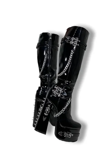 Frankie Hsu Goth Sexy Chunky Platform Knee High Heeled Boots, Black Patent Silver Chain Rivets Gothic, Punk Y2K Hot Girl Big Large Size Wide Calf Long Shoes For Women Men
