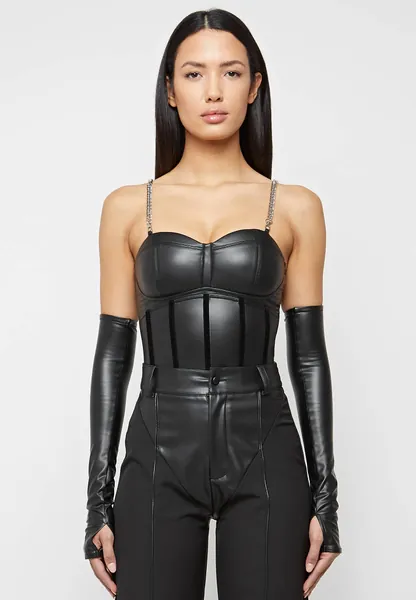 Veganer Korsett-Bodysuit mit veganem Leder mit Ärmeln - Schwarz | EU 32 / Black / WMN2321-01