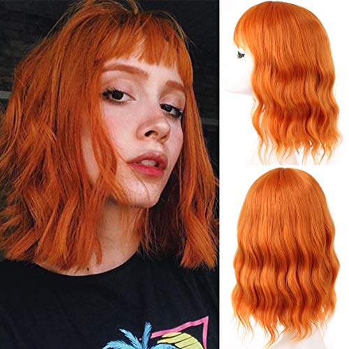 Leeven 35.5cm Perücke Orange Kurz Bob Perücken mit Pony Natürlich Wavy Schulterlange Perrücke Damen Synthetische Perücken Short Kostüm Wig with Fringe/Orange - 35.5cm /14'' - Orange