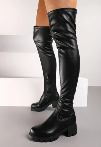 Czarne Kozaki na Obcasie i Tłoczonej Platformie z Dopasowaną Cholewką Beliselle