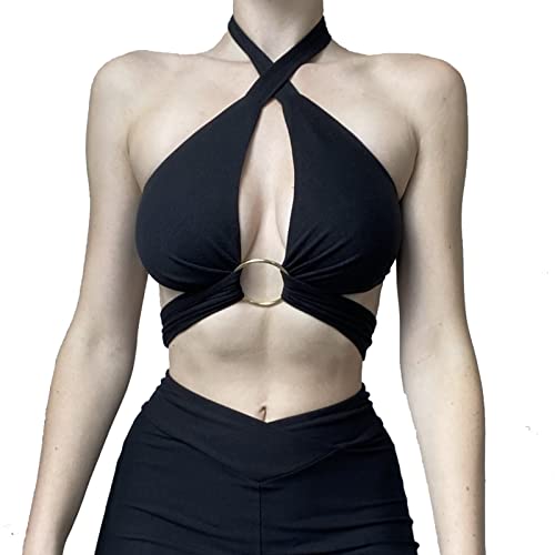 HTTOAR Frauen Sexy Neckholder Criss Cross Wrap Weste Cut Out Ärmellos Einfarbig Crop Tops Tank Top Verschiedene Tragemethoden mit Metallring - M - Schwarz