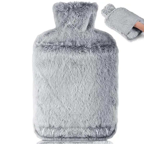 BOLEi Hot Water Bottle with Luxury Cosy Faux Fur Cover,2L Leakproof Large Hot Water Bag for Neck,Shoulder,Hand Feet Warmer,Ideal for Women,Men(Grey) - Grey