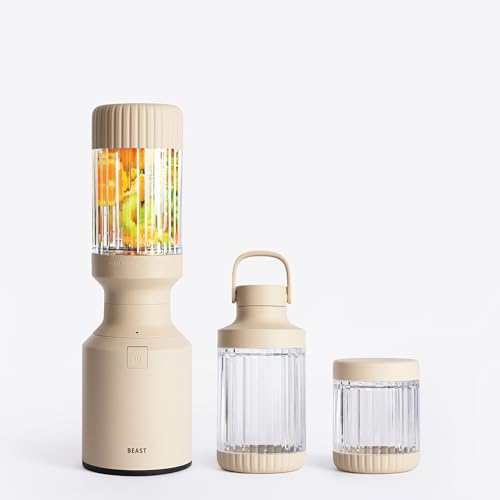 The Beast Mini Blender Plus | Mini Countertop Kitchen Blender | Blend Smoothies and Shakes, Dressings, Sauces, Dips | Extra Vessels, Straw Cap and Straws Included | 600W (Sand) - Mini Plus - Sand