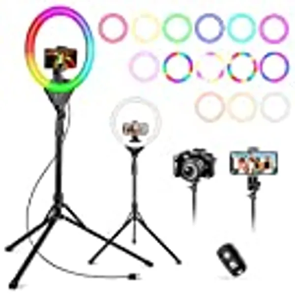 Aureday 12" Selfie Ring Light with Stand and Phone Holder, 15 Color RGB Ring Light with 62" Tripod, Dimmable LED Ringlight for Phone Photography, Live Stream, Creative Videos