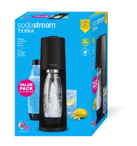 sodastream Terra Value Pack x2 met 2 gesmolten flessen 1L en 1 cilinder CO2 Quick Connect voor maximaal 60L, matzwart