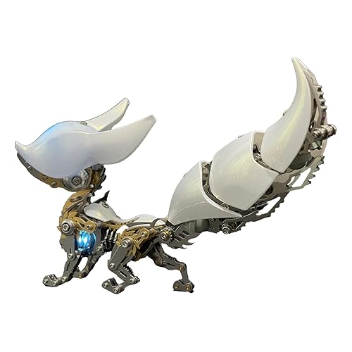 STICKYRICE Mechanical Fox Model Kit, Articulated Metal Construction, White and Silver, LED Light-Up Feature
