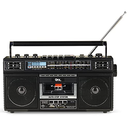 QFX J-220BT Boombox MP3 Conversion from Radio to Cassette with 4-Band (AM, FM, SW1, SW2) Radio with Bluetooth, Dual 3” Speakers, Built-in Microphone, Recorder, and a 3-Band Equalizer - Black