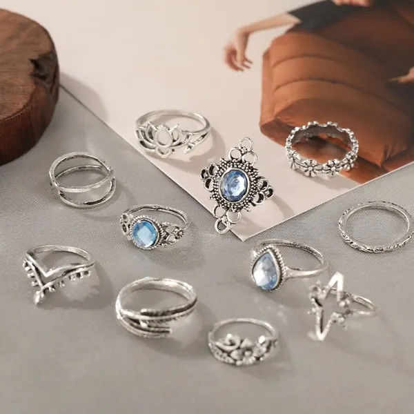 Boho Style Silver and Blue Stacking Rings For Women