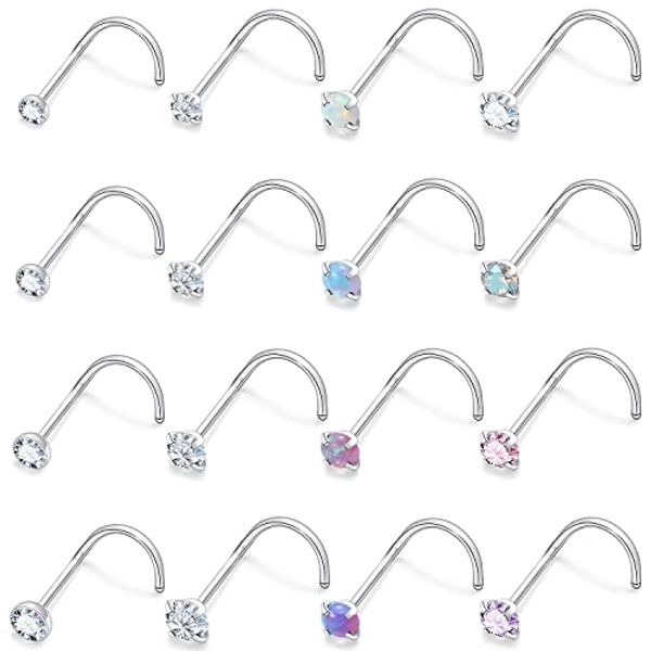 Vsnnsns 18G 20G 22G Opal Nose Rings Bone L Shaped Nose Studs Screw Surgical Stainless Steel 1.5mm 2mm 2.5mm 3mm CZ Nose Rings Studs Silver Nose Rings for Women Nose Nostrial Piercing Jewerly 16Pcs