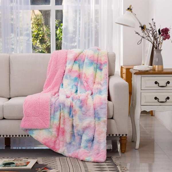 COCOPLAY W Fuax Fur Throw Blankets, Super Soft Fuzzy Lightweight Luxurious Cozy Warm Fluffy Plush Sherpa Mint Rainbow Microfiber Blanket for Bed Couch Living Room (Aqua, Throw(50"x65"))