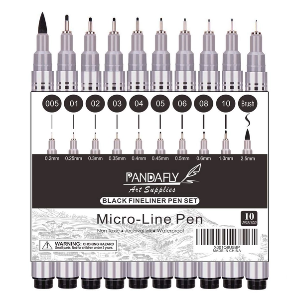 PANDAFLY Precision Micro-Line Pens, 10 Size Black Micro-Pen Fineliner Ink Pens, Waterproof Archival Ink Multiliner Pens for Artist Illustration, Calligraphy, Sketching, Technical Drawing