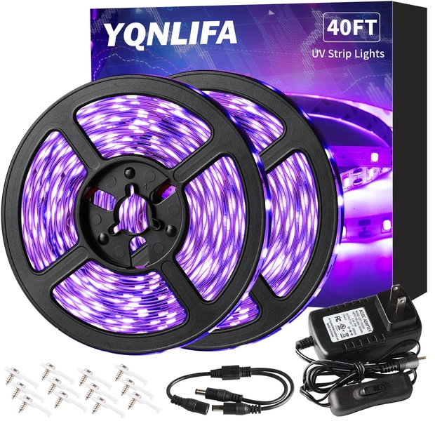 YQNLIFA 40FT/12M Black Light Strip, 720 Lamp Beads, Flexible LED Blacklight Kit, 12V Black Light, Non-Waterproof for Indoor Decoration, Party, Birthday, Wedding, Halloween