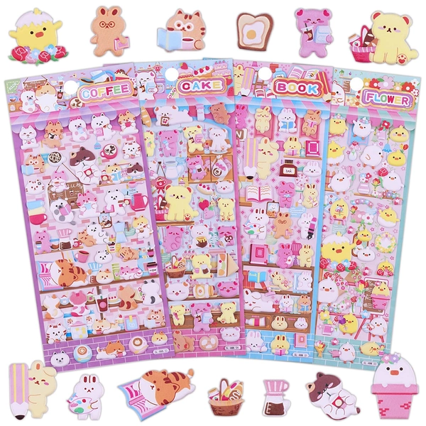 Cute Puffy Stickers for Kids, 4 Sheets 3D Foam Animal Cat Bear Rabbit Chicken Sticker for Girls Boys, Bulk Scrapbooking, Stickers for Birthday Gift, Party Supplies, Reward