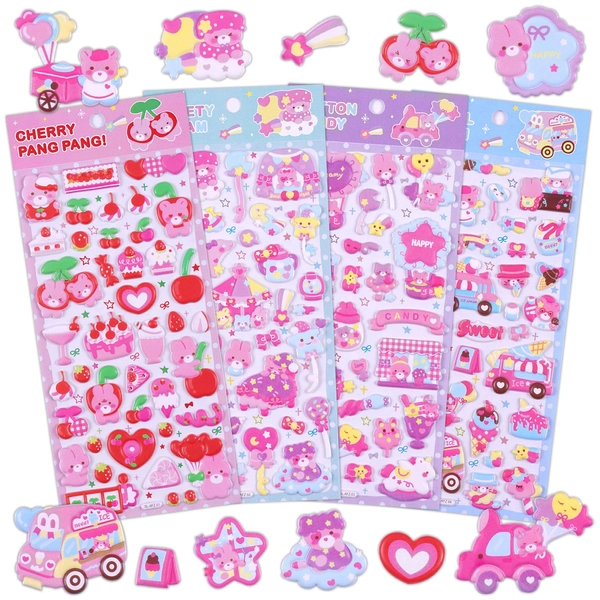 Kids Stickers 4 Different Sheets, 3D Puffy Sticker for Kids Girls, Bulk Scrapbooking, Foam Animal Bear Heart Stickers for Girls Valentine's Day Gift, Birthday Gift, Party Supplies, Reward