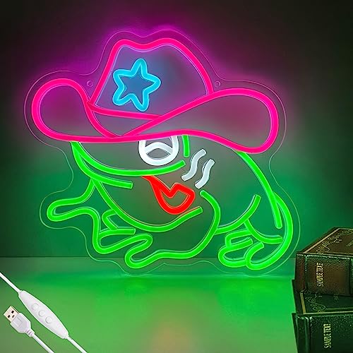 Cowboy Frog Neon Sign for Wall Decor Heroic Cowboy Frog Led Neon Light for Kids Room Man Cave Bar Store Home Party Art Decor Gifts, Pink & Ice Blue, Dimmable & Powered by USB, 12.6"x 13.5" - Heroic Cowboy Frog