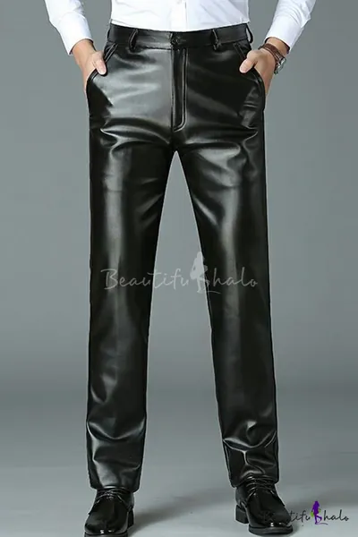 Basic Mens Pants PU Leather Pocket Detail Button Placket Mid Rise Full Length Pants in Black