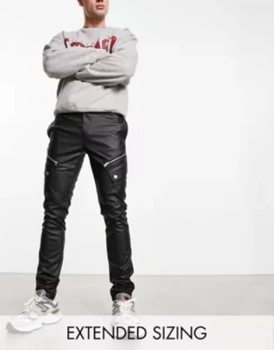 ASOS DESIGN skinny cargo trousers in black leather look