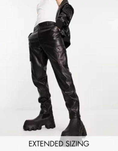 ASOS DESIGN cargo trousers in leather look in black