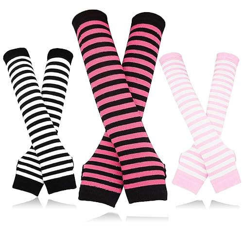 Bellady 3 Pairs Striped Arm Warmers Fingerless Gloves for Women - Pink