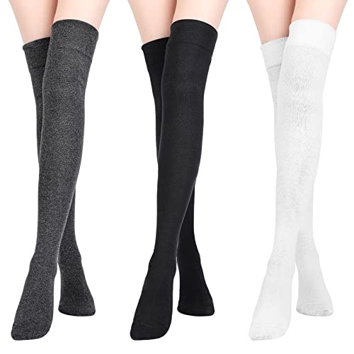 SATINIOR Extra Long Socks Thigh High Cotton Socks Extra Long Boot Stockings for Girls Women - One Size - Black, Dark Grey, White