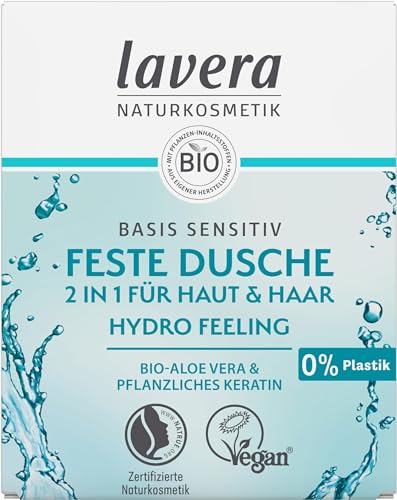 lavera Feste Dusche 2 in 1 basis sensitiv Hydro Feeling - mit Bio-Aloe Vera und pflanzlichem Keratin - reinigt ohne auszutrocknen - 3x ergiebiger als flüssiges Duschgel - Naturkosmetik - 1 Stk / 50g - fruchtig - 1 stück (1er Pack)