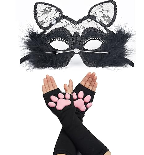 Cat Paw Thigh High Socks Golves, Cute Soft 3D Toe Beans Socks Mittens Kitten Claw Pad Socks for Girl Women Cosplay Set… - 2pcs Black Mask