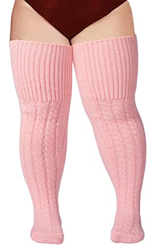 Wool Plus Size Thigh High Socks For Thick Thighs- Extra Long Womens Warm Cable Knit Over Knee Stockings Leg Warmers - One Size Plus - Pink